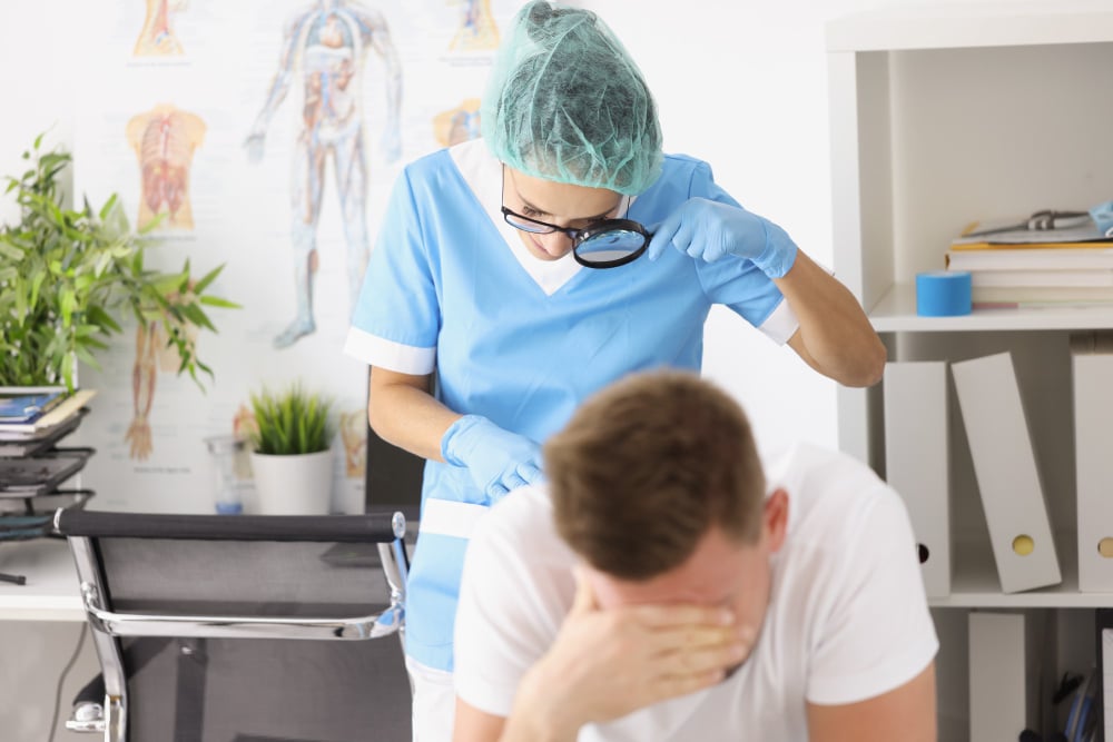 Doctor examines patient with sore butt from hemorrhoids