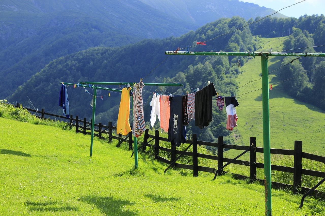 Laundry in the sun overlooking green hills