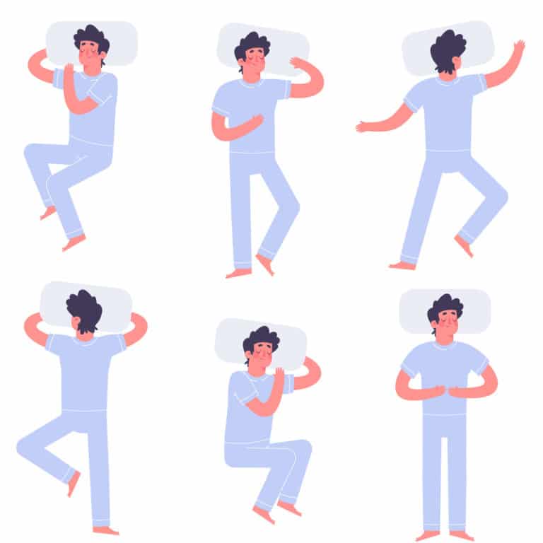 illustration of 6 sleeping positions, including front, side, back sleepers