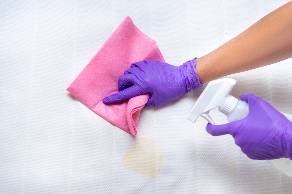 person with gloves and detergent spot cleaning bedding