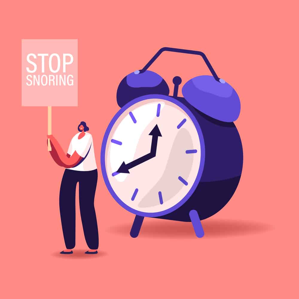 Illustration of a female character standing in front of a clock, holding a 'stop snoring' sign