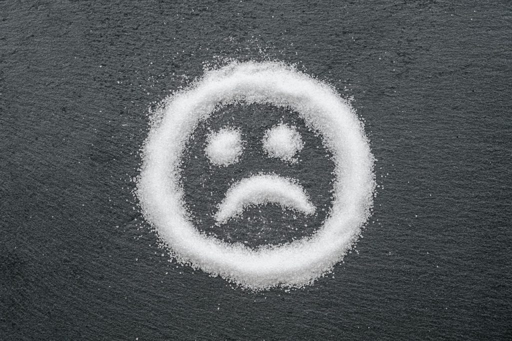 Sugar grains arranged to show a unsmiley face